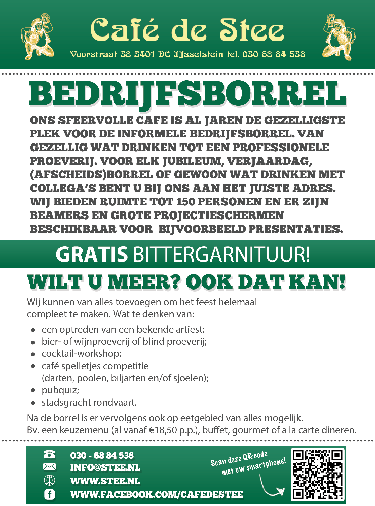 Bedrijfsborrel of bedrijfsuitje in IJsselstein, Café de Stee